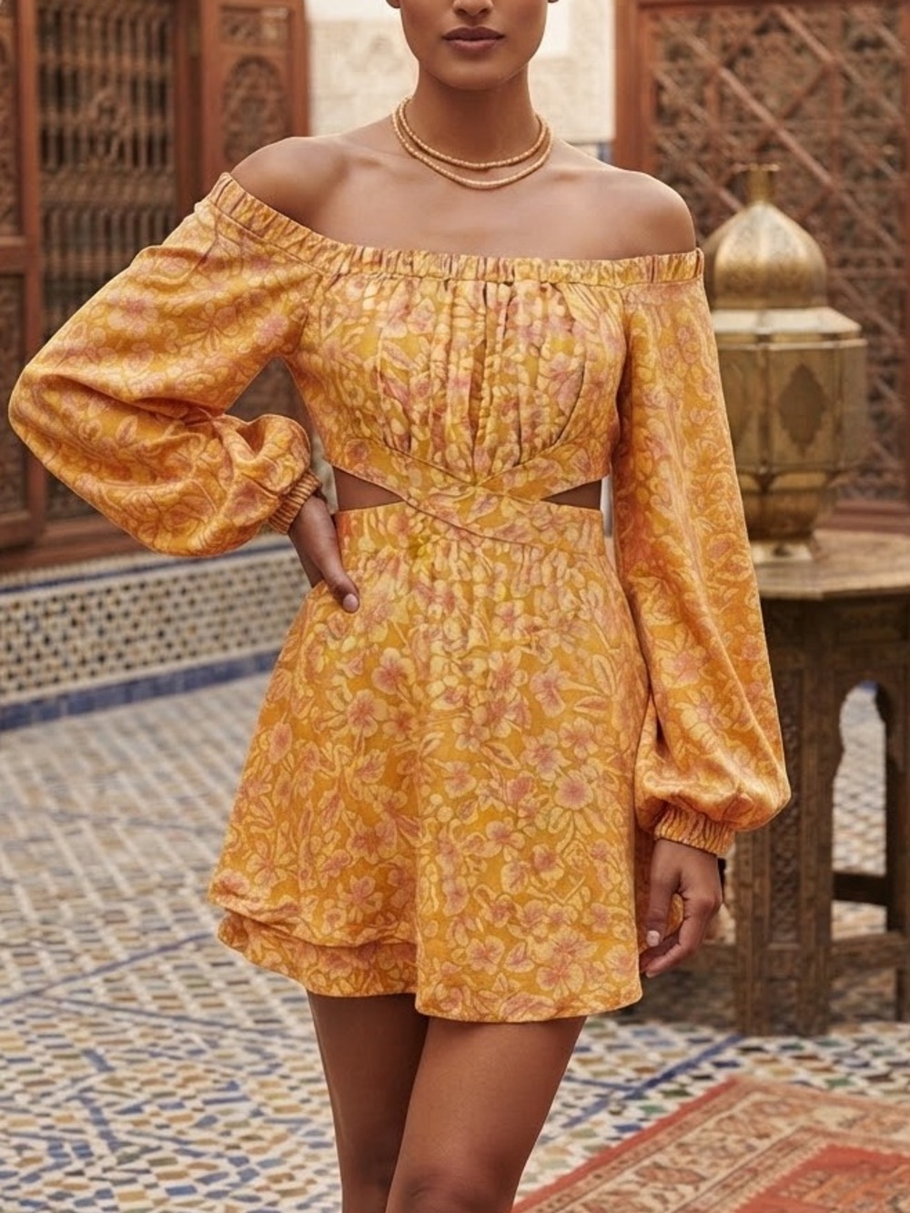 Free People Yellow Floral Off-Shoulder Mini Dress XL